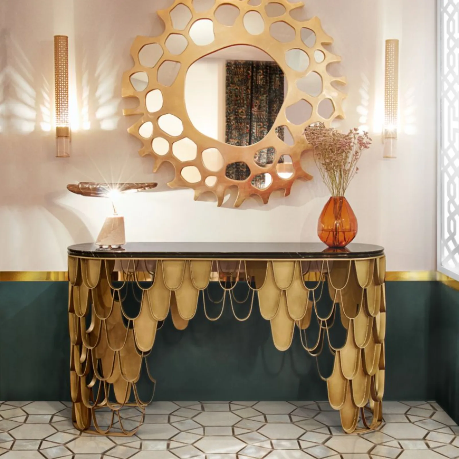 Cascade Gold Console with Sunburst Mirror