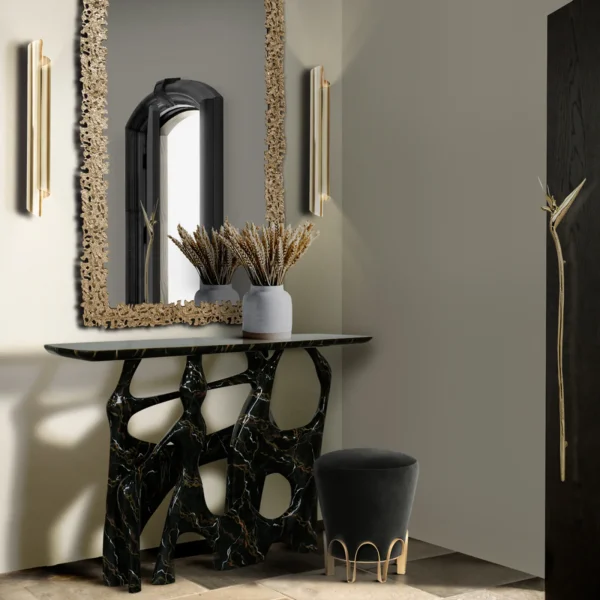 Sculpt Black Console & Gold Mirror Set