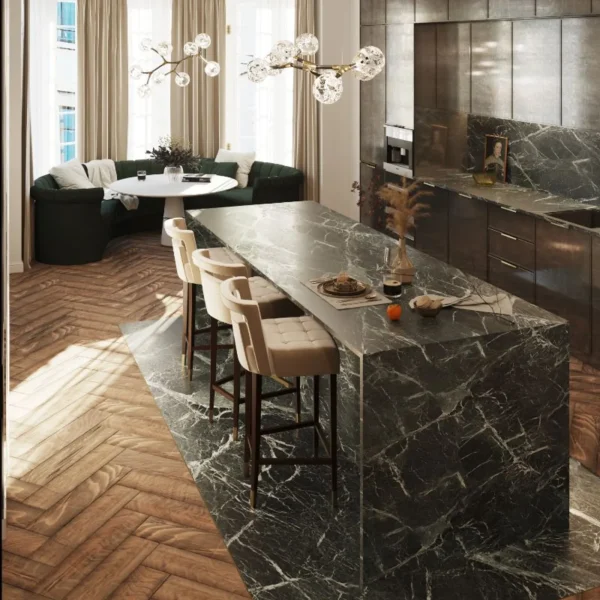 Marble Waterfall Island Kitchen