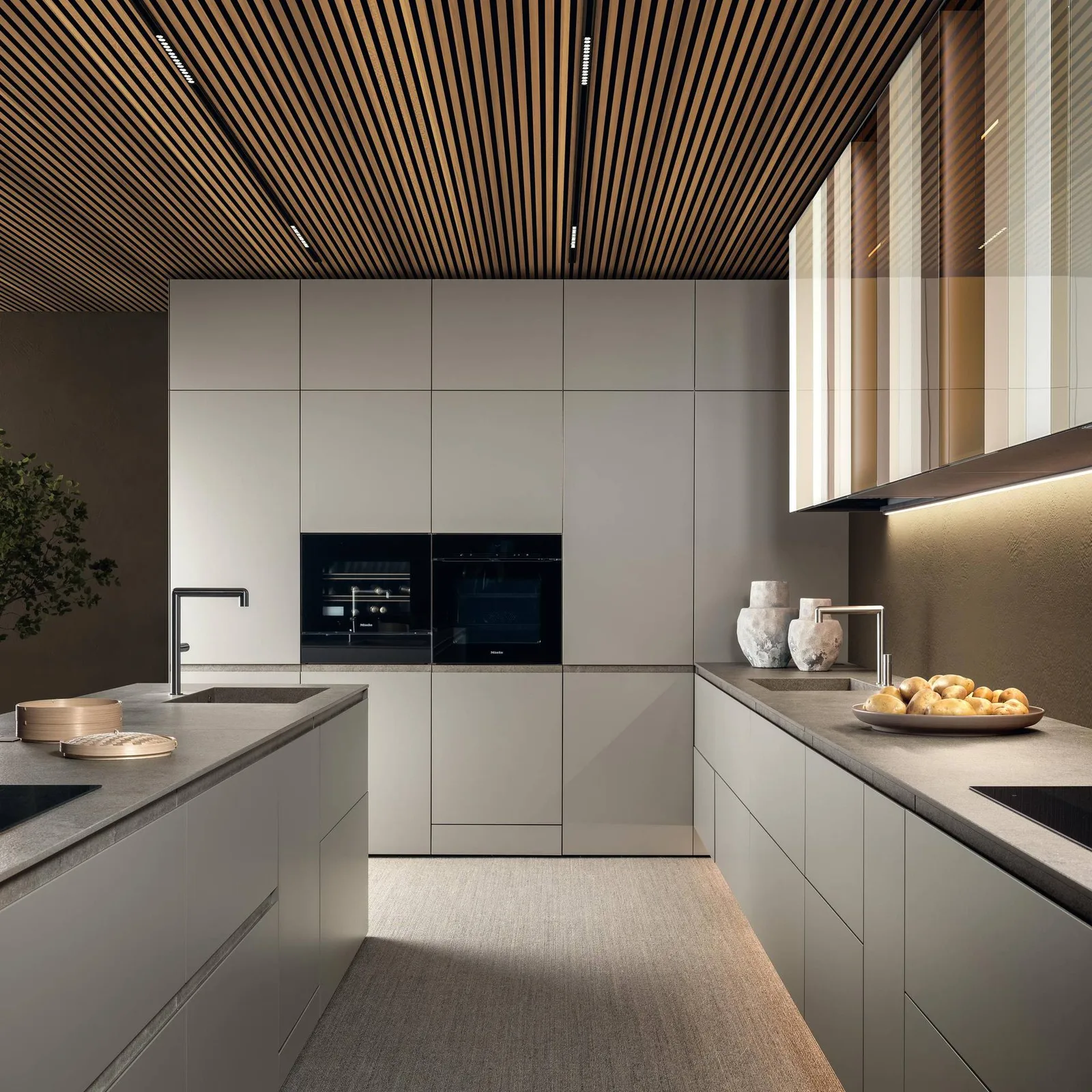 Slat Ceiling Grey Handleless Kitchen