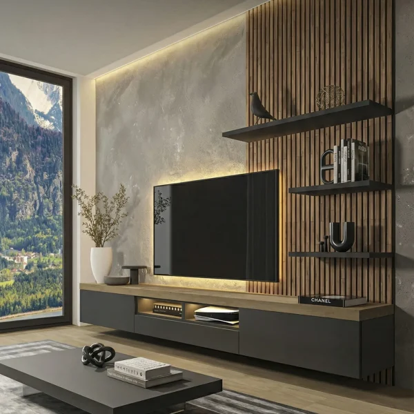 Slat & Shelf Media Wall – Charcoal