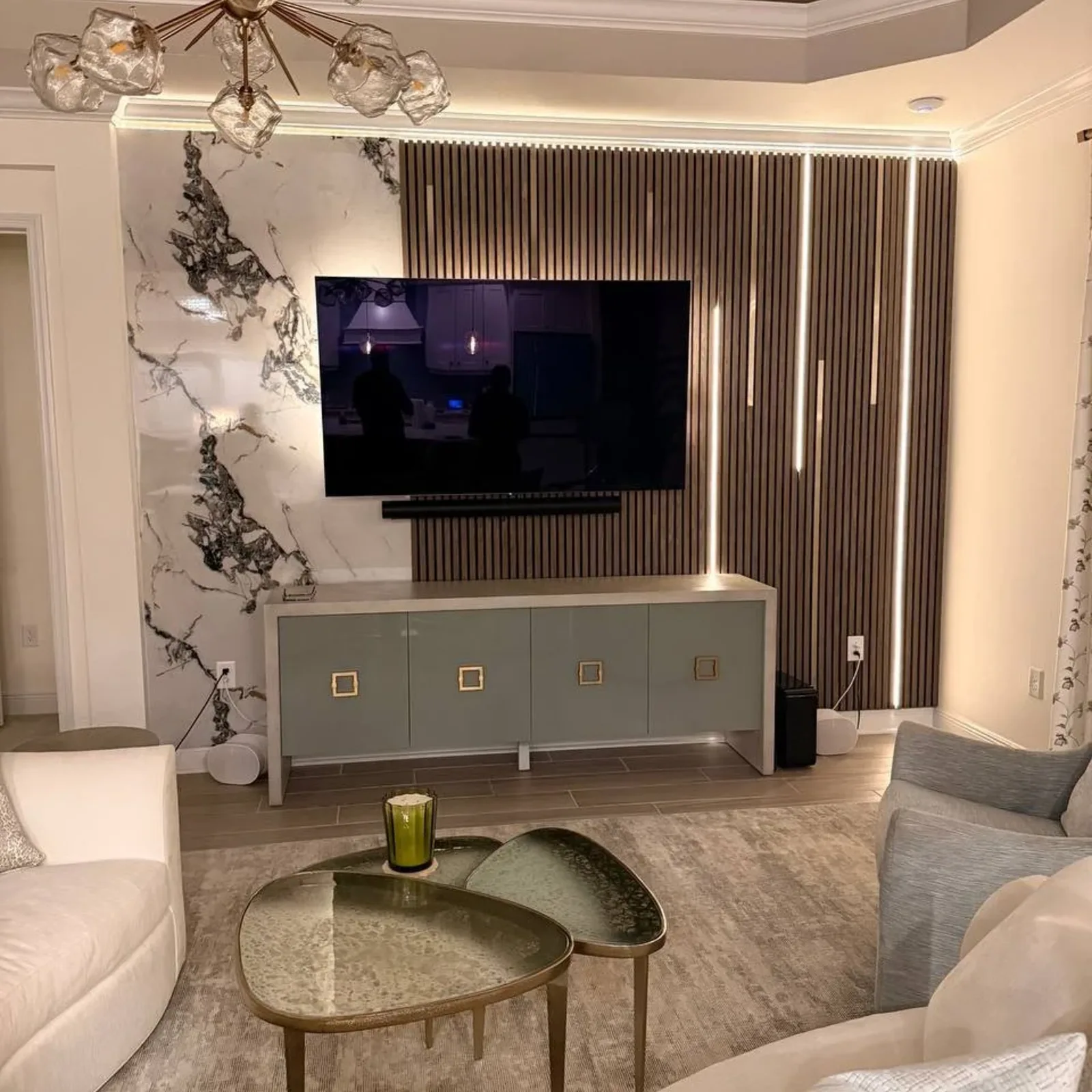 Tampa Fluted Wood & Marble Media Wall