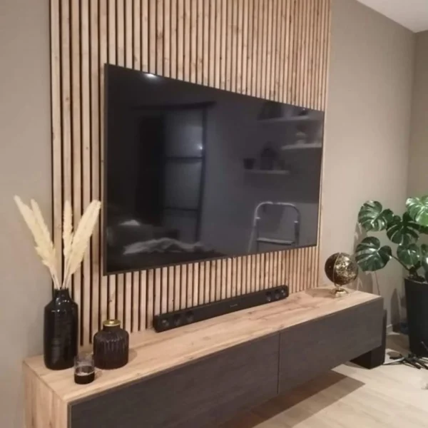 Oak Slat TV Wall with Soundbar Unit