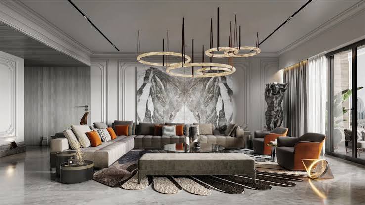 Residential interior design — luxury living room with marble feature wall by Irfanis